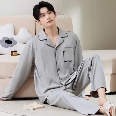 Men's Cotton Long-Sleeve Cardigan Pajama Set, Plus Size - 11