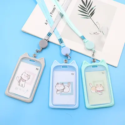 Retractable cat design student card holder with lanyard