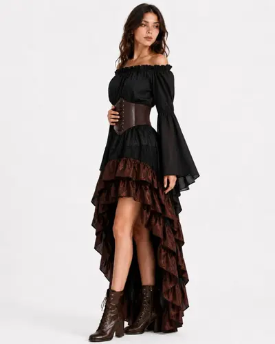 Halloween Medieval Pirate Costume, Ruffled Skirt Three-Piece Set - 12