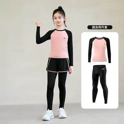 回力儿童紧身女童速干衣篮球服训练瑜伽足球健身打底跑步运动套装 - 9