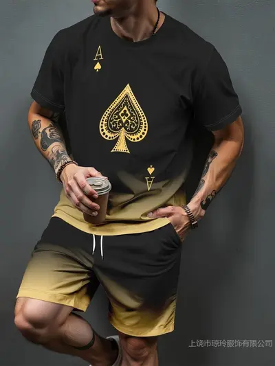 Erkek 3D Baskılı T-Shirt ve Şort İkili Takım, Gradyan Harf Desenli, Yaz - 9