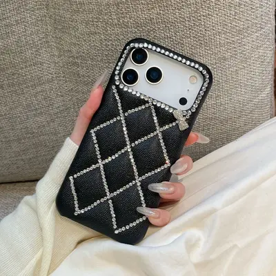 高级感皮纹网格线条钻蝴蝶结手机壳适用iPhone17ProMax防摔保护套 - 8