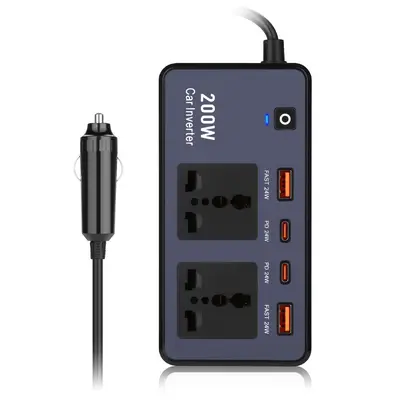 Sınır ötesi araç invertörü, hızlı şarj ve C portlu evrensel invertör, 12V 200w araç invertörü