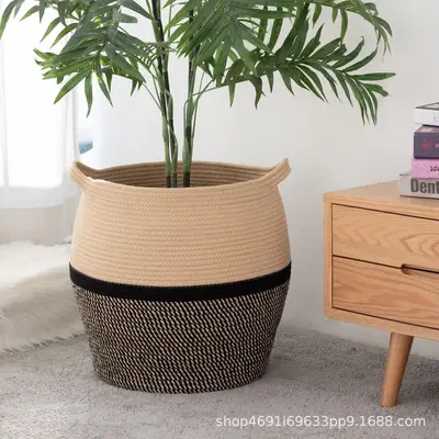 Woven Cotton Rope Storage Basket with Handle, Laundry Hamper
