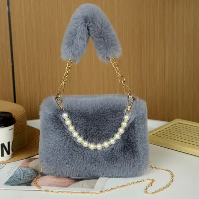 Rabbit Fur Plush Pearl Handbag with Chain Strap - 5