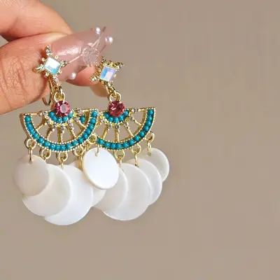 Silver Needle Round Shell Tassel Stud Earrings Summer Style - 10