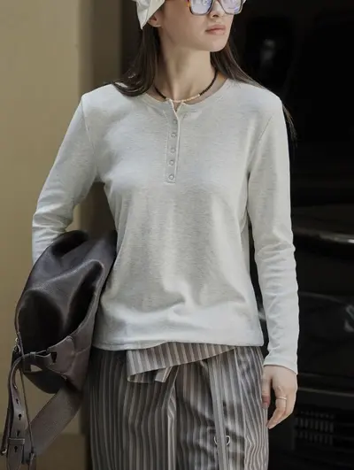 Damen Slim-Fit T-Shirt mit Rundhals und halbem Reißverschluss, Herbst-Oberteil