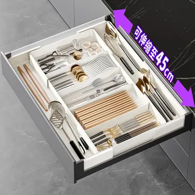 Retractable kitchen drawer organizer with cutlery and chopsticks compartments