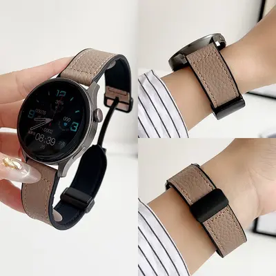 Huawei Watch 5, Samsung, Xiaomi S4, Lichi desenli, GT6 silikon kaplama, manyetik tokalı Fit deri saat kayışı için uyumlu