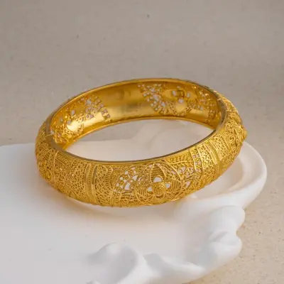 Four-leaf engraved plated bracelet, wedding set - 7