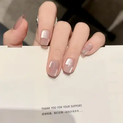 Minimalist Glass Bead Space Cat Eye Handmade Wearable Press-On Nails, Premium Nude, Short - 3