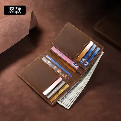 Retro El Yapımı Erkek Gerçek Deri Cüzdan, Crazy Horse Deri, Ultra İnce Minimal Kartlık - 2