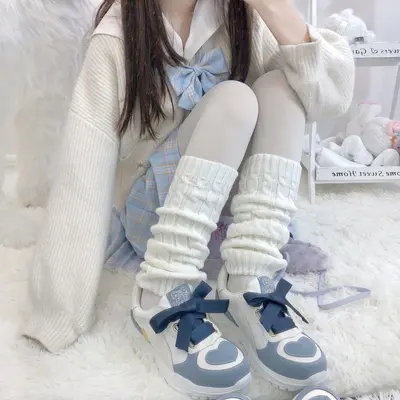 White Fuzzy Leg Warmer Sock Covers for Women, Japanese Style, Autumn Winter - 10