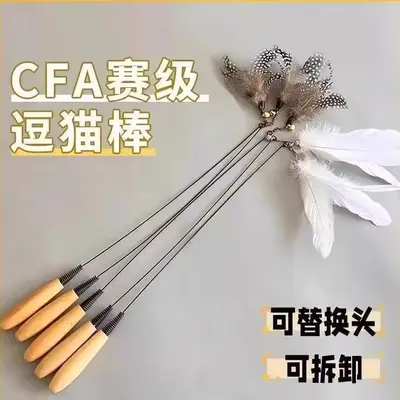 CFA Wooden Handle Spring Cat Teaser Wand with Replaceable Feather Head