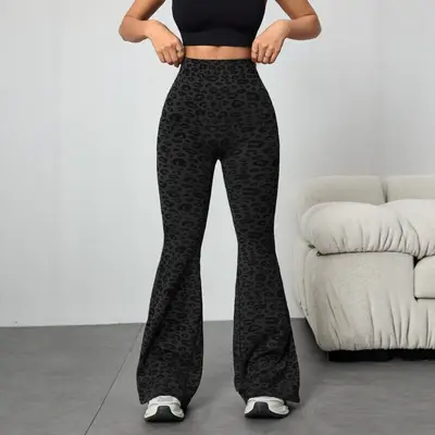 Women's Leopard Print Yoga Micro Flare Pants, High Waist Butt Lift - 10