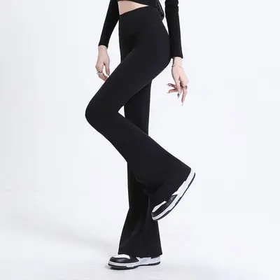 Damen Haifischhose mit Schlag und hoher Taille, glatt, figurformend, Yogahose dünn - 7