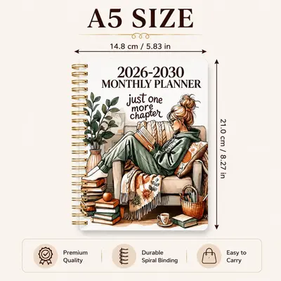 A5 aylık planlama defteri 2026-2030, spiral ciltli
