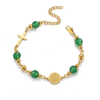 Stainless Steel Round Pendant Cross Tiger's Eye Bracelet for Women