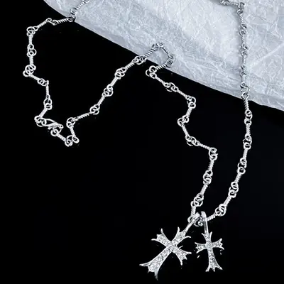 Herrenkette mit Doppelkreuz und Strass, Silber - 7
