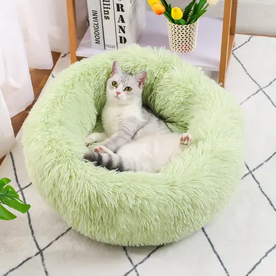 Warm Plush Round Cat Bed for Autumn and Winter, Deep Sleep Nest