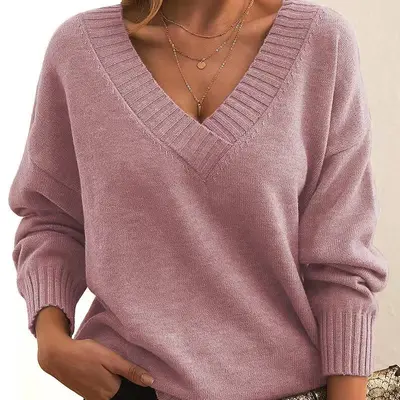 Damen-Strickpullover mit V-Ausschnitt, locker geschnitten - 8