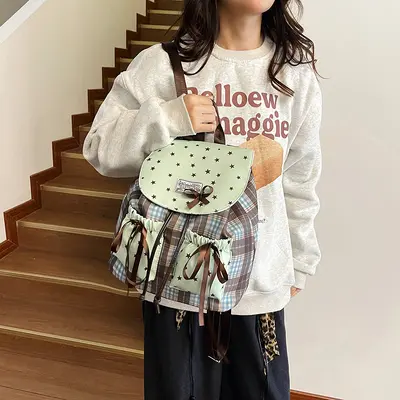 Kids Backpack Bow Design Mint Green Plaid Primary School Bag - 2