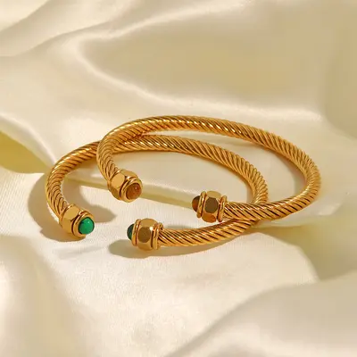 Natural Stone Titanium Steel Open Bangle, Non-Fading