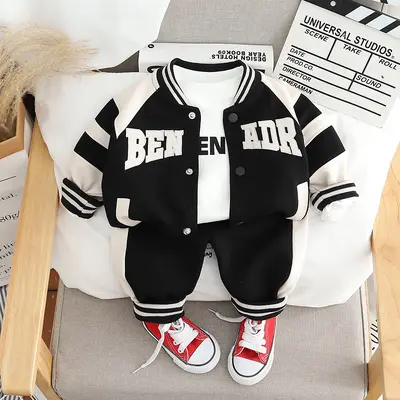 Boys' Crew Neck Baseball Jacket 3-Piece Set with Long Sports Pants
