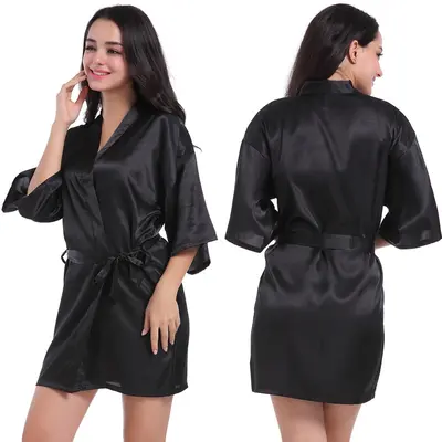 Amazon Grenzüberschreitender Damen-Satinmorgenmantel gedreht, einfarbig glänzend, Sommer dünn, sexy, kurze Strickjacke, Bademantel - 9