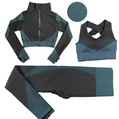 Women's Seamless Zipper Yoga Set, Three-Piece, Long Sleeve, Autumn Winter - 9