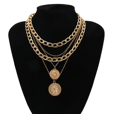 Layered Portrait Pendant Necklace, Alloy Women's Jewelry