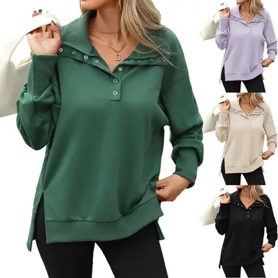 Women's Solid Color High Neck Button Long Sleeve Sweatshirt, Autumn/Winter 2026