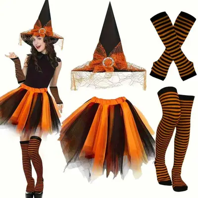 Halloween Witch Hat Set with Striped Stockings and Puffy Skirt - 7
