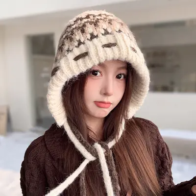 Women's Autumn Winter Jacquard Knit Beanie with Ear Protection, Heat-Retaining