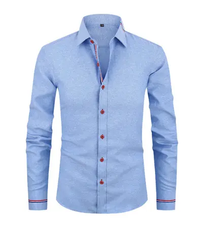 Men's Long-Sleeve Solid Color Formal Shirt with Ribbon Trim and Buttons - 7