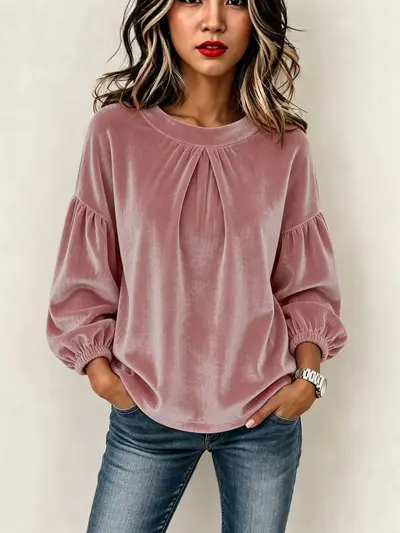 2026 European and American Cross-Border Women's Clothing Amazon Patchwork Lantern Sleeve Velvet Round Neck Solid Color Minimalist Long Sleeve Top T-Shirt