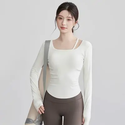 Women's Thin-Strap Yoga Top, Solid Color, Built-in Bra Pads for Running and Pilates - 6