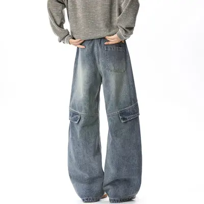 Men's Black Jeans, Loose Straight-Leg Wide-Leg Pants with Patchwork