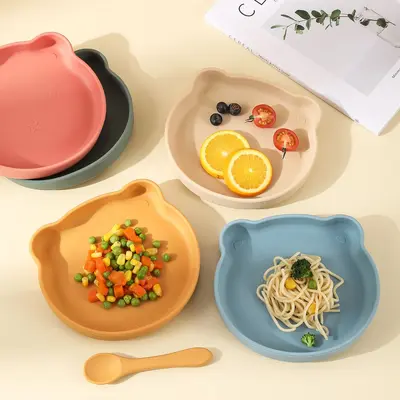 Baby Silicone Dinner Plate Food Bowl Cartoon One-Piece Bear Silicone Bowl Kids Spoon Baby Feeding Tableware Wholesale