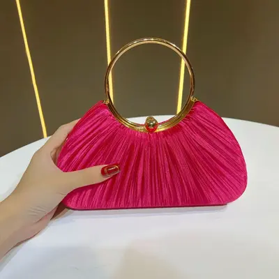 Women's Pleated Evening Bag, Ring Handle Party Clutch - 13