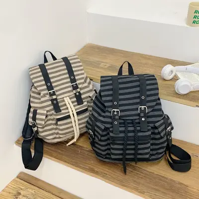 Women's Retro Striped Backpack, Large Capacity, Casual Daypack and Schoolbag - 2