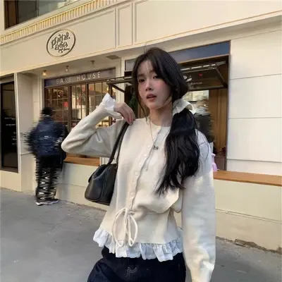 Ruffle Trim Knit Cardigan for Women, Round Neck, Single-Breasted, Autumn Winter Long Sleev