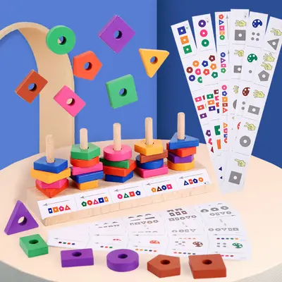 Çocuk Eğitici Geometrik Ahşap Blok Seti Renk ve Şekil Tanıma Oyuncağı - 1