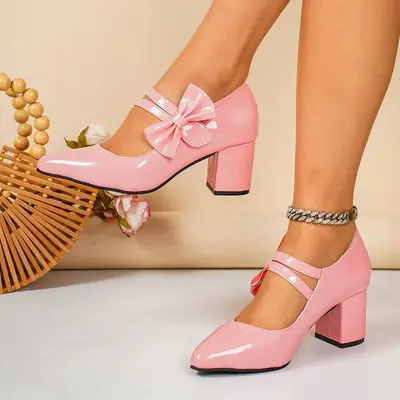 2026 Spring New Arrival Foreign Trade Plus Size Women's Chunky Heel High Heels European and American Style Pointed Toe Lightweight Comfortable Bow Knot