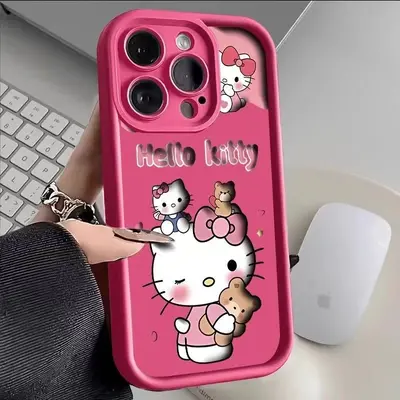 Pembe KT kedi telefon kılıfı, Apple 15 Pro Max iPhone 16 için uygun, sevimli çizgi film desenli, 14, 13, 17 numaralı kızlar için, düşmeye karşı korumalı. - 4