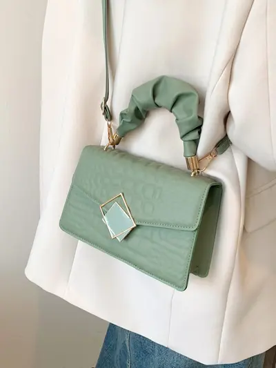 Women's Pleated Shoulder Bag, Solid Color, Stone Pattern Small Square - 2