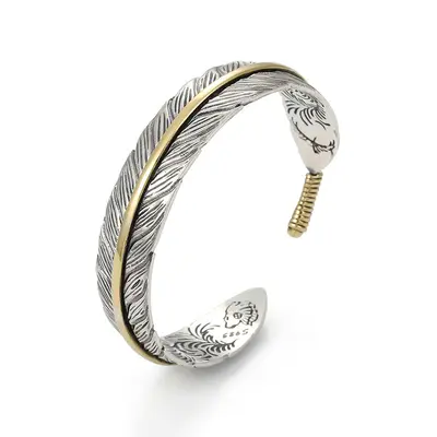 Tang pattern feather open cuff bracelet, men's stainless steel