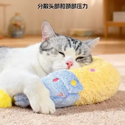 Moon-Shaped Cat and Dog Sleeping Pillow with Blue Hat, Companion Pillow