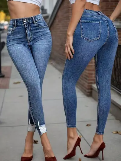 Damen-Retro-Jeans, High Waist, zerrissen, elastisch, schmal geschnitten