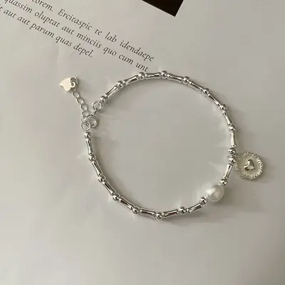 S925 Sterlingsilber-Armband, Bambusherz, Perle, für Damen - 7